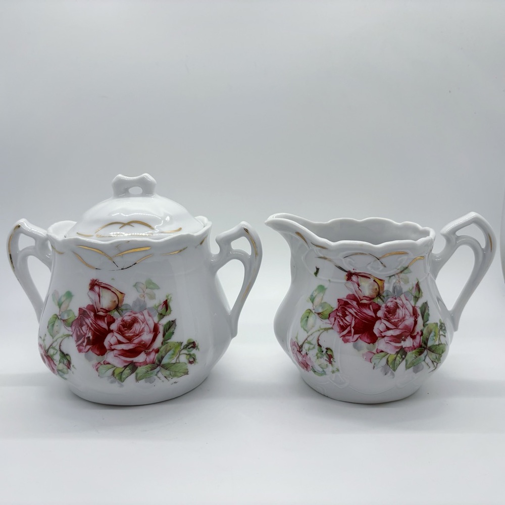 Vintage Roses Creamer and Covered Sugar Bowl Floral Gold